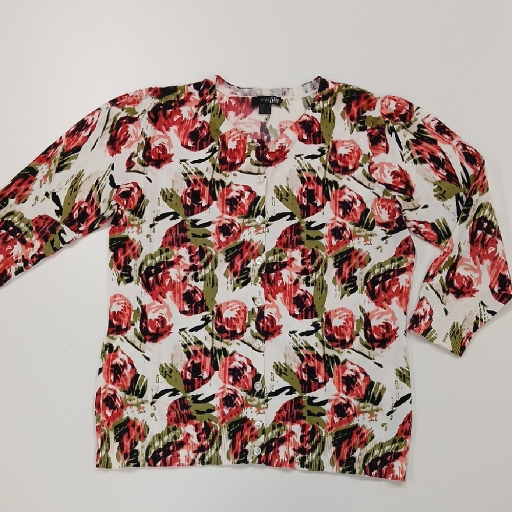 Women's East 5th Red and Green Floral Top Size 12P Cotton-Nylon Soft Sweater